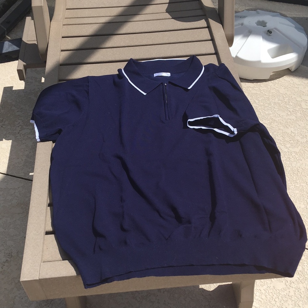 Coofandy Navy Quarter Zip-Up Polo Sweater White Trim Short Sleeve Preppy XXL